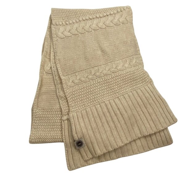Ugg Womens cable Knit chunky fisherman’s Scarf Beige One Size Wool & Acrylic - Picture 2 of 11